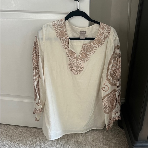 Chico's Tops - Chico's White and Brown Embroidered Tunic